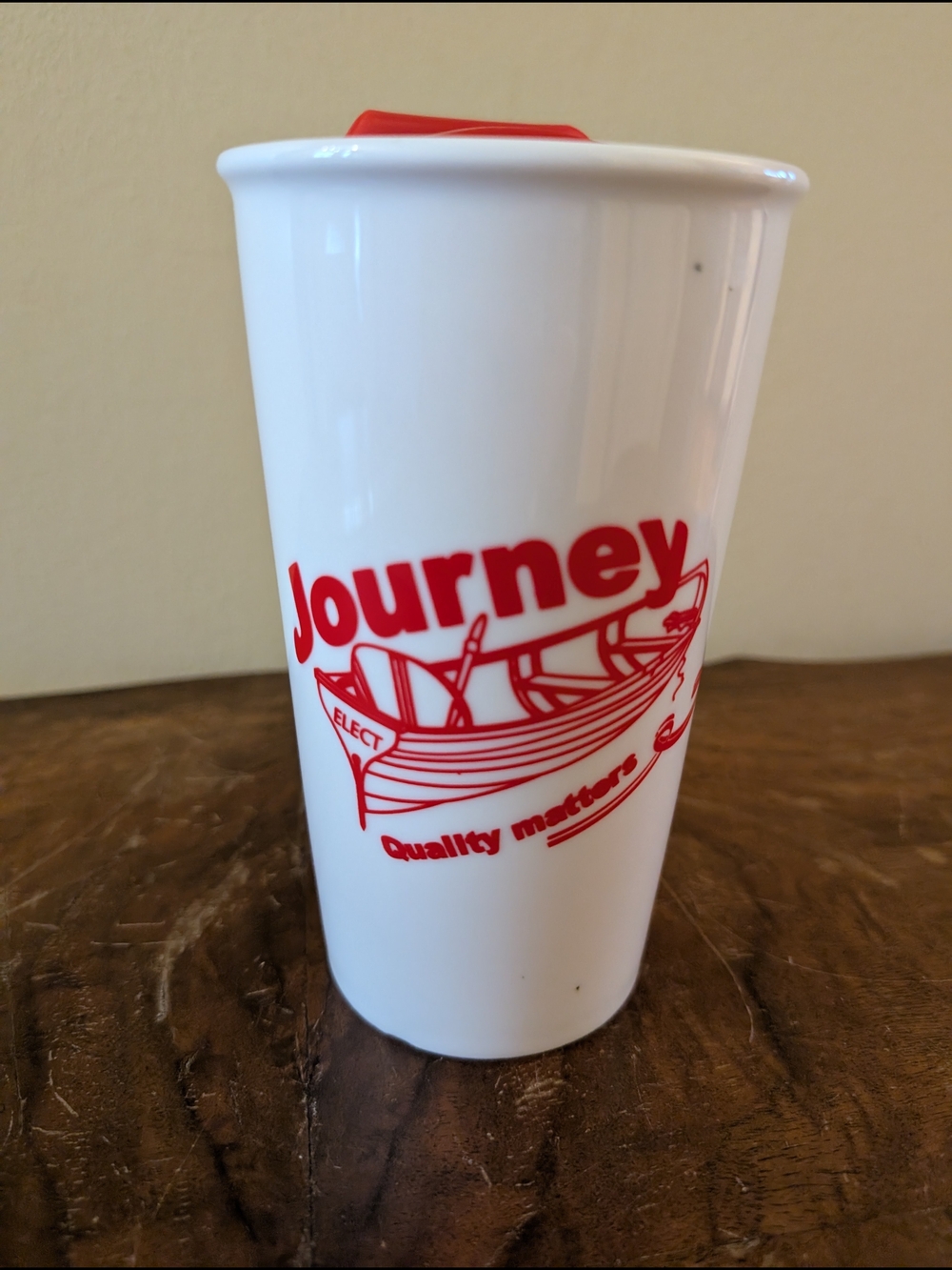 Vintage Journey Boat Mug Ceramic Travel Tumbler Red White Quality Matters Elect